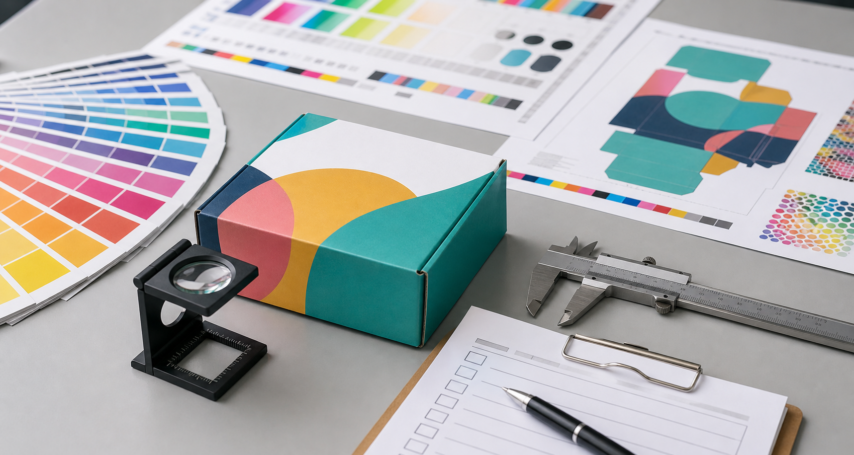 Printed packaging quality inspection with color swatches and samples